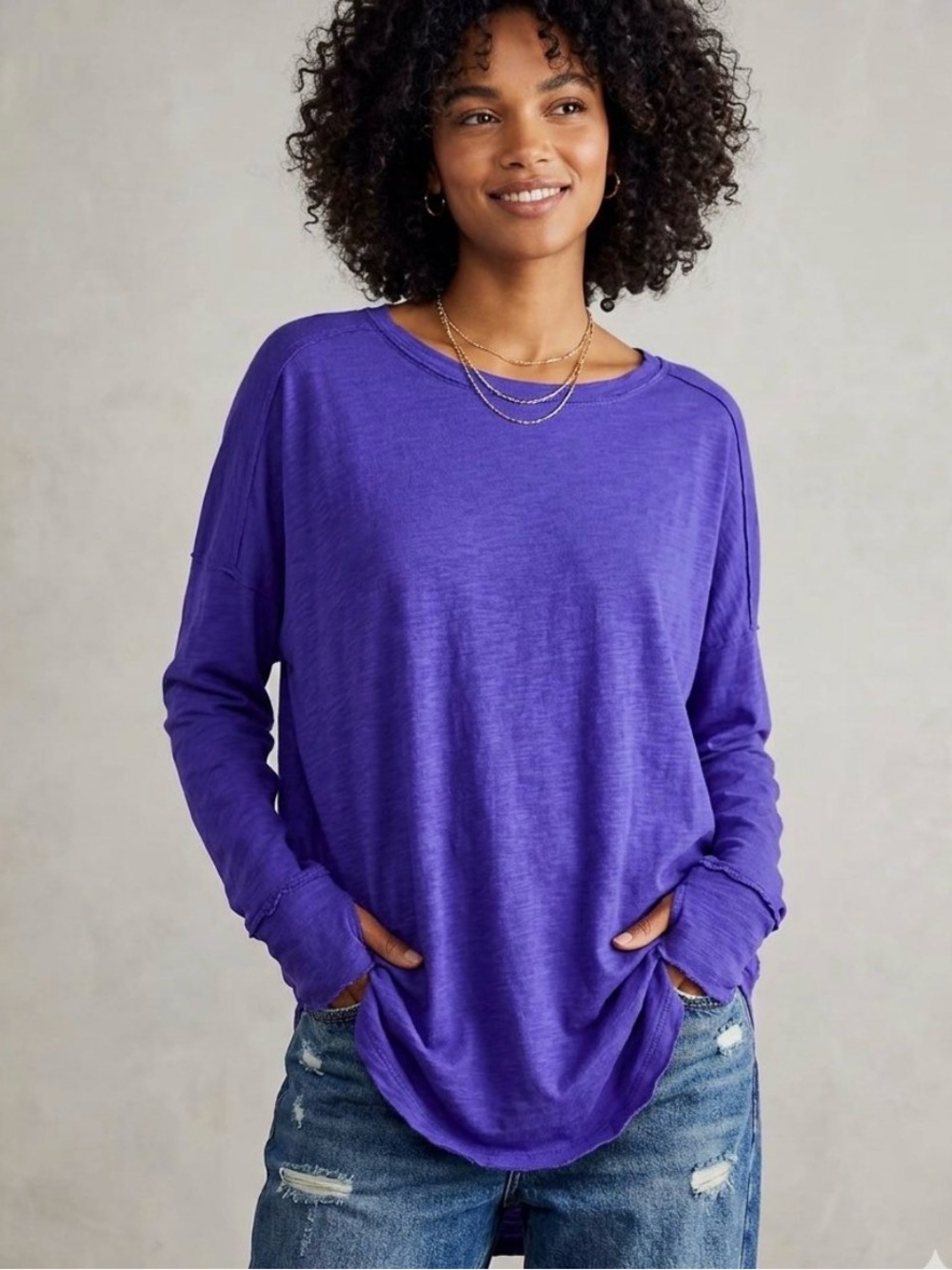 Free People We The Free Arden Tee Sapphire Purple NWT L Thumbholes Oversized